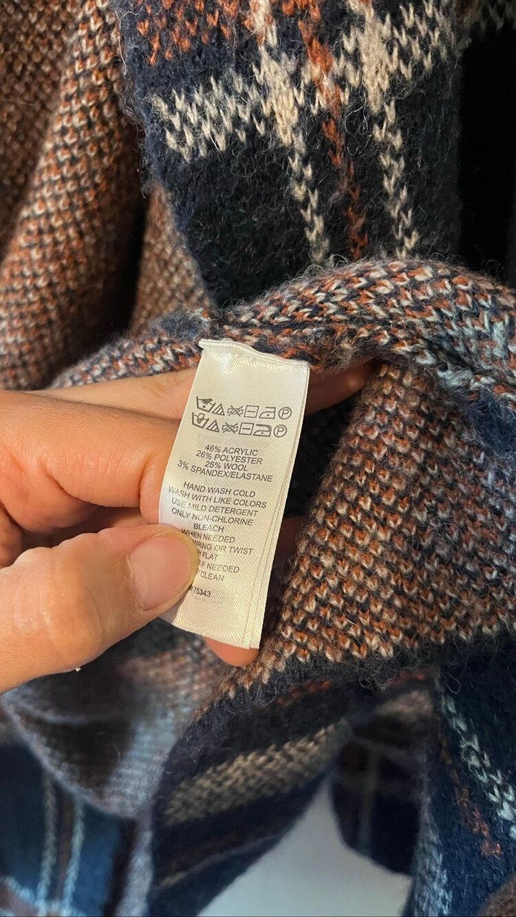 Tahari Plaid Open Front Cardigan Sweater Coat Medium Navy Blue Brown Wool Blend - Picture 9 of 9